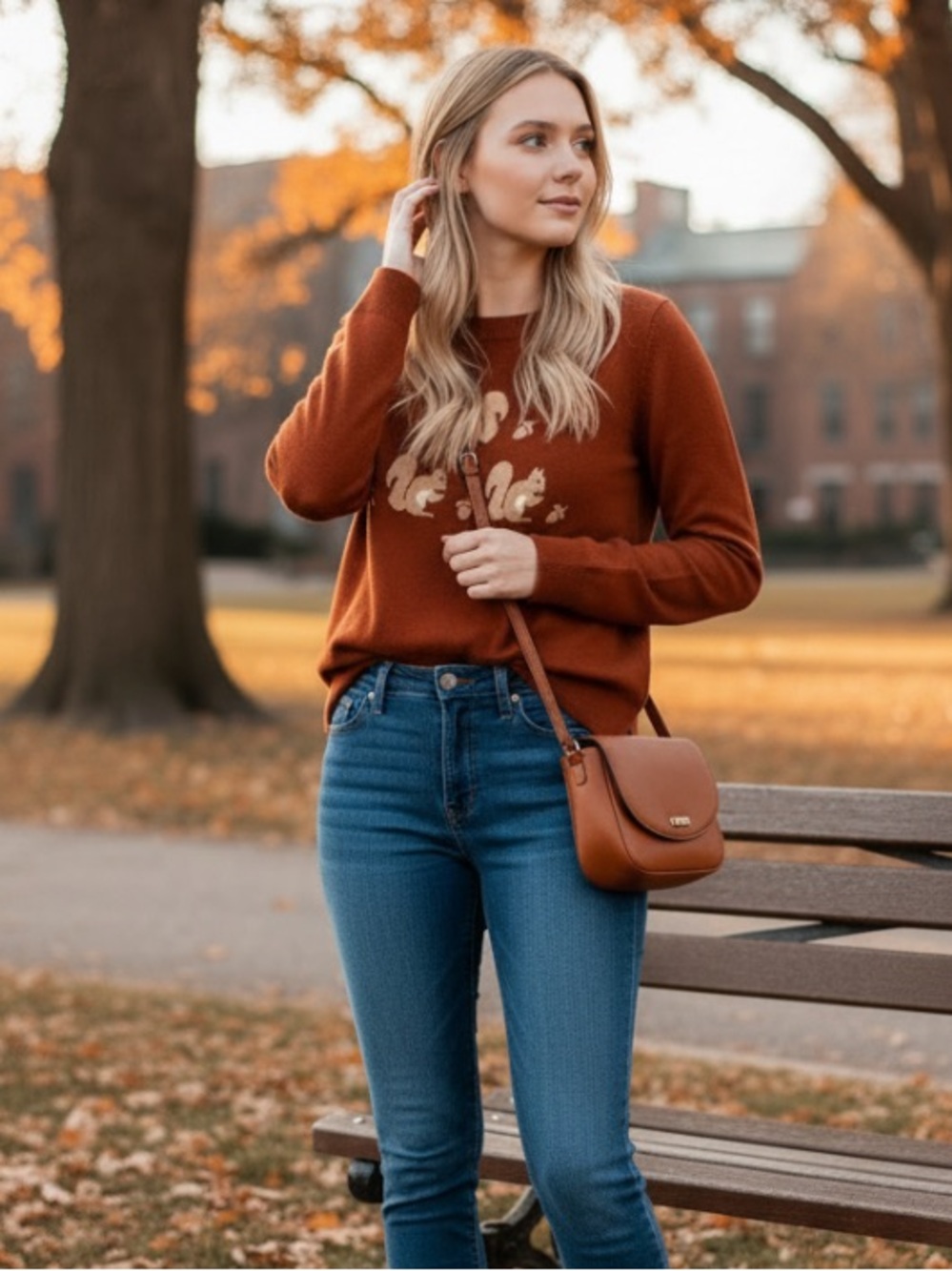 LOFT PERFECT FALL SWEATER Rust Crewneck Sweater Squirrels Motif Large NWT NATURE - Picture 5 of 16